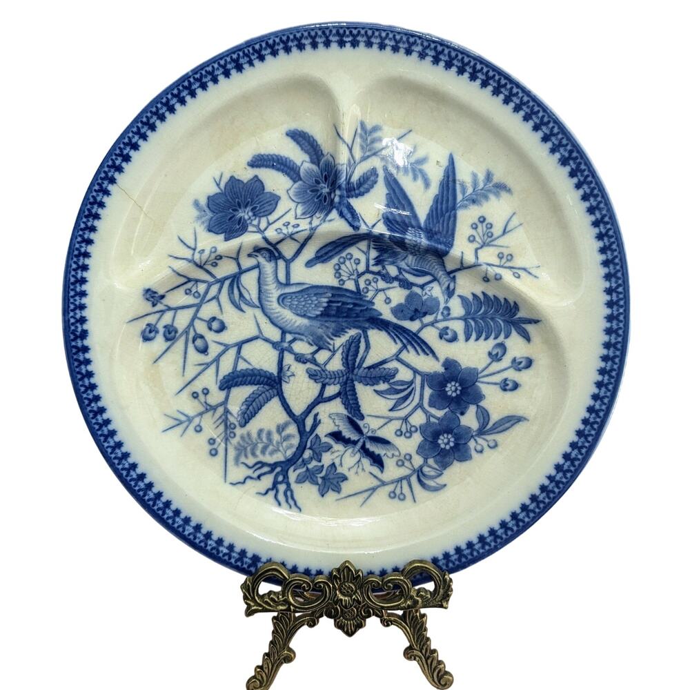 Villeroy & Boch Mettlach Flow Blue Fasan divided plate 1920s Birds floral